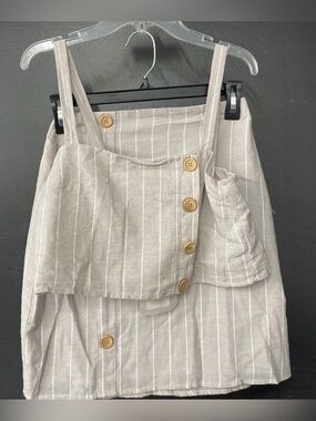 Sabo Skirt Domino Striped Linen-Feel Button Front Set in Light Taupe